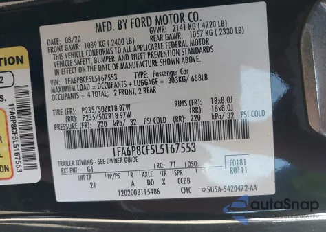 2020 Ford Mustang Gt Fastback из США, поврежденный, VIN 1FA6P8CF5L5167553